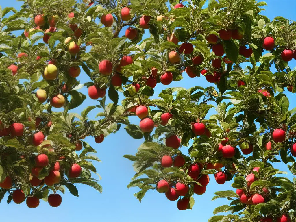 Picture of an apple tree with ripe fruit hanging on its branches.