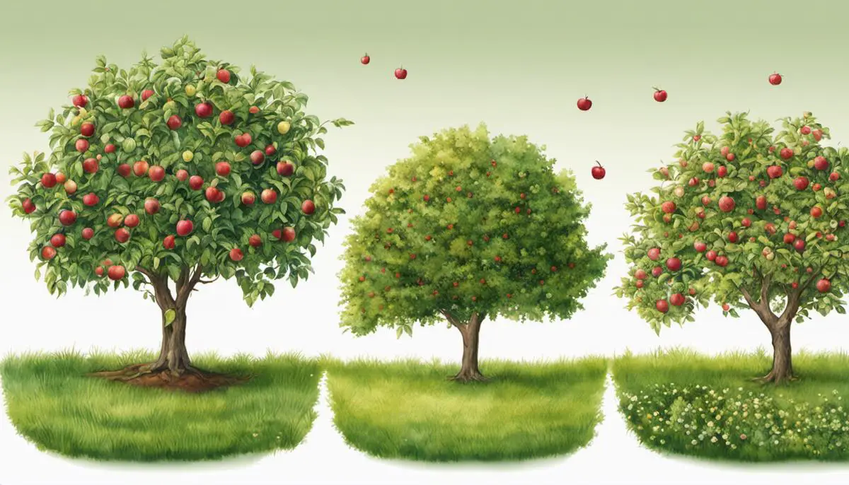Illustration of an apple tree at different stages of growth