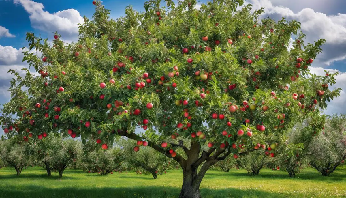 Image of an apple tree showcasing its various growth stages, from buds to blossoms to ripe fruits