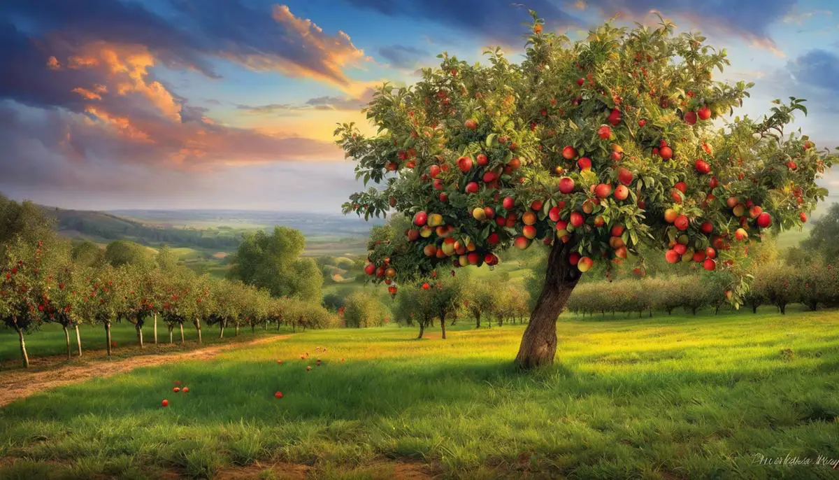 A colorful image depicting an apple tree with ripe fruits, symbolizing the rewarding journey of growing apple trees.