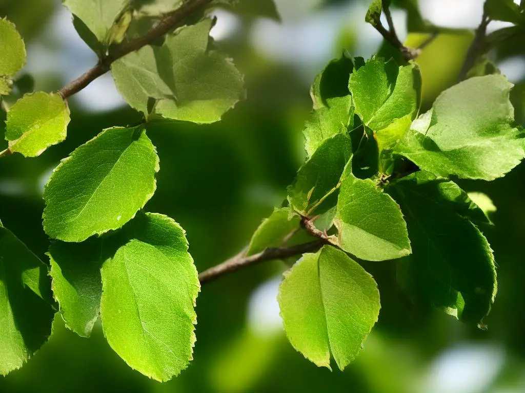 A photo of apple tree leaves with signs of disease, with dark spots on the leaves.