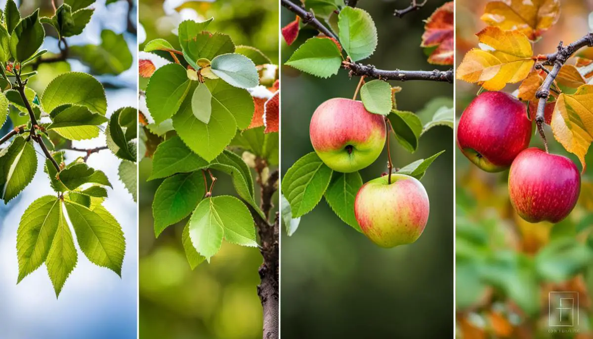 Image of apple tree leaves at different stages of their lifecycle, showing the vibrant green leaves in spring, the colorful autumn foliage, and the bare branches in winter.