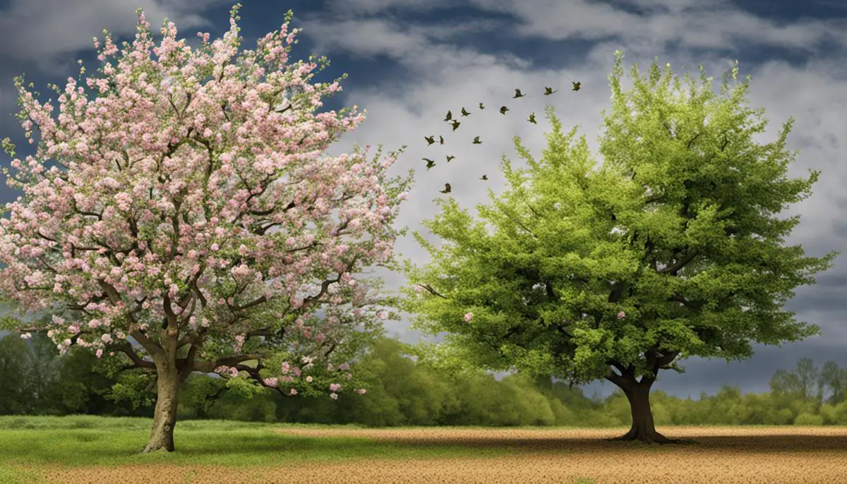 An image showing the life cycle of an apple tree, starting from a seedling, progressing through blooming, and ending with ripe apples on the tree.