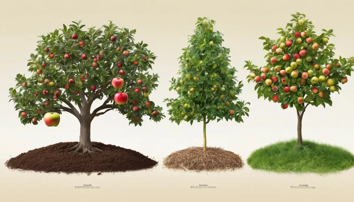 Image of the different stages of an apple tree's life, from dormancy to fruit development