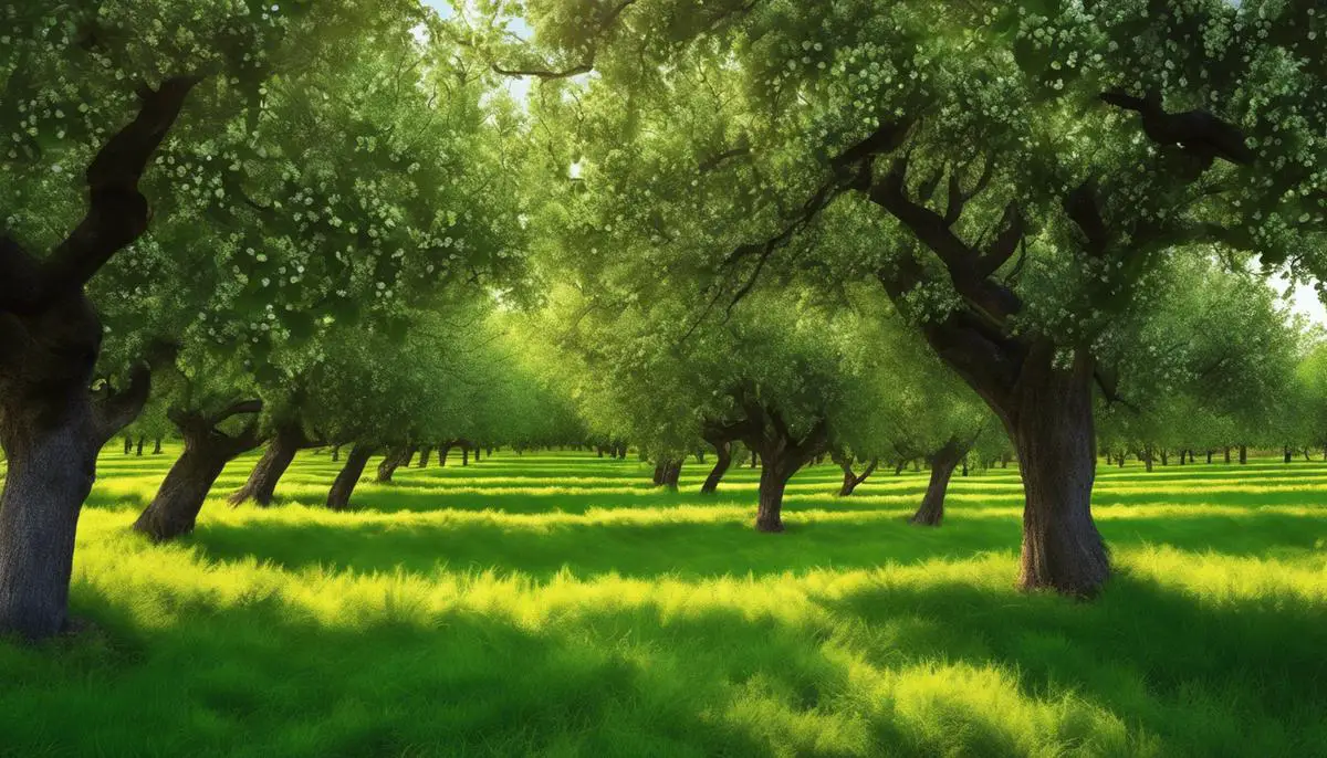 An image showing lush apple trees in an orchard