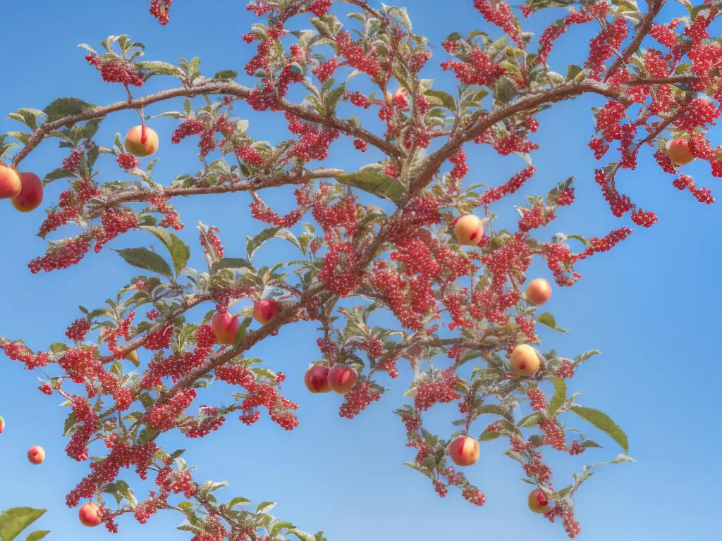 An apple tree with no pests or diseases, with ladybugs on a leaf and birds flying around it.