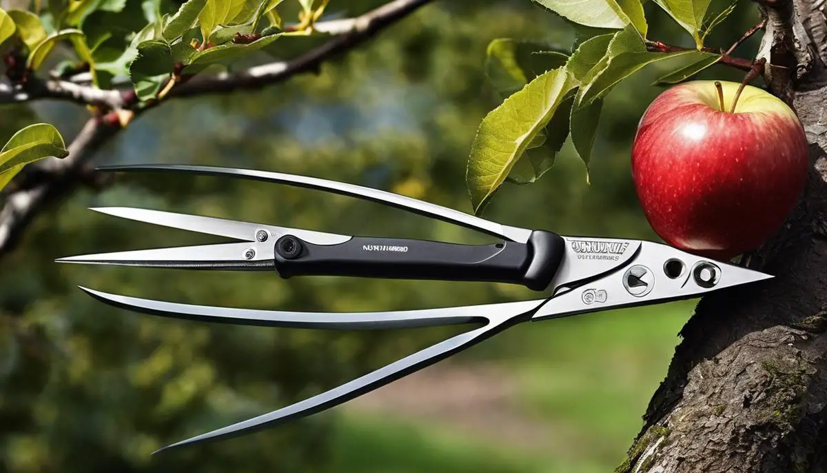 Image of pruning tools with an apple tree in the background