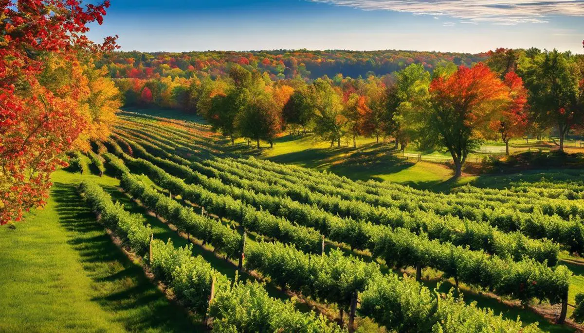 A picturesque apple orchard with colorful trees and apple picking activities taking place, showcasing the beauty and appeal of apple tree sales in Massachusetts.