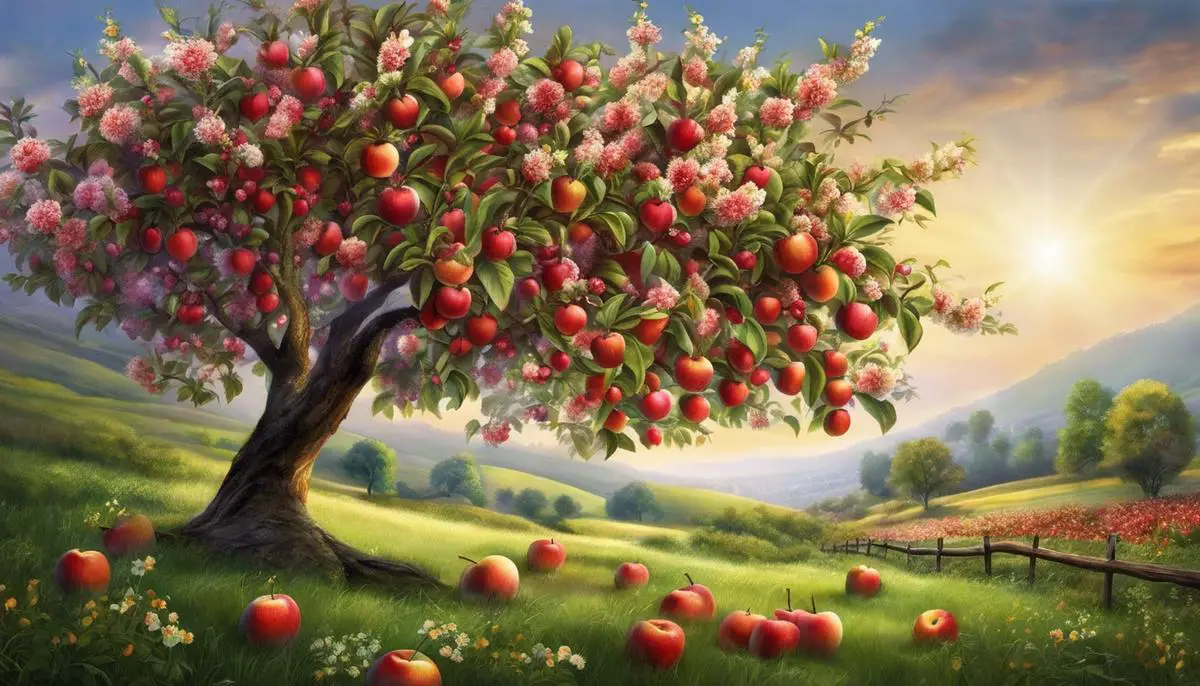 Image description: An illustration of an apple tree with flowers and apples.