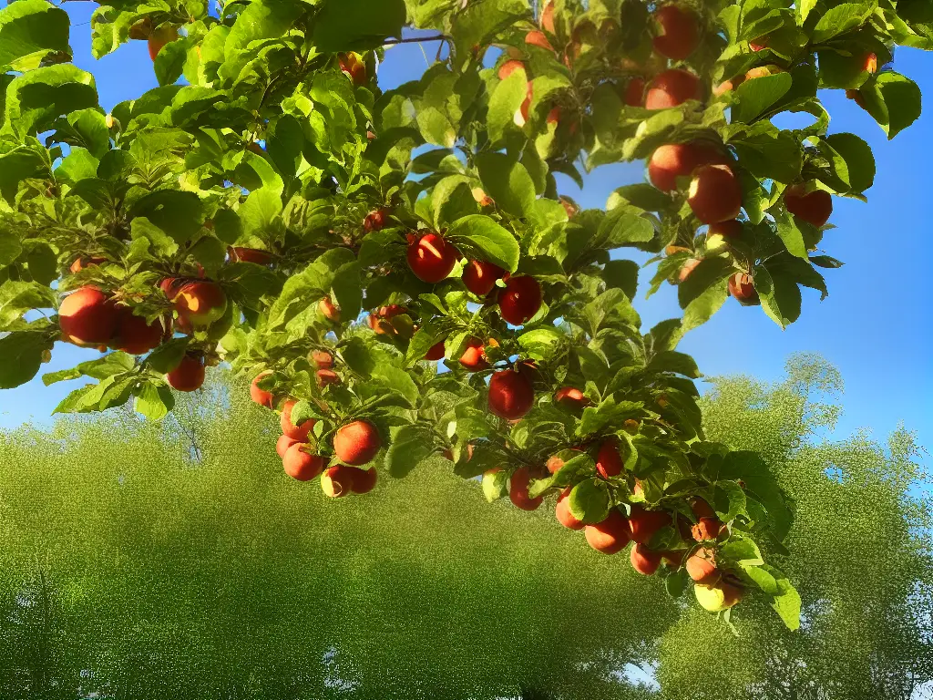 An image of an apple tree with plenty of sunshine exposure, showing healthy large green leaves and many ripe red apples hanging from its branches.