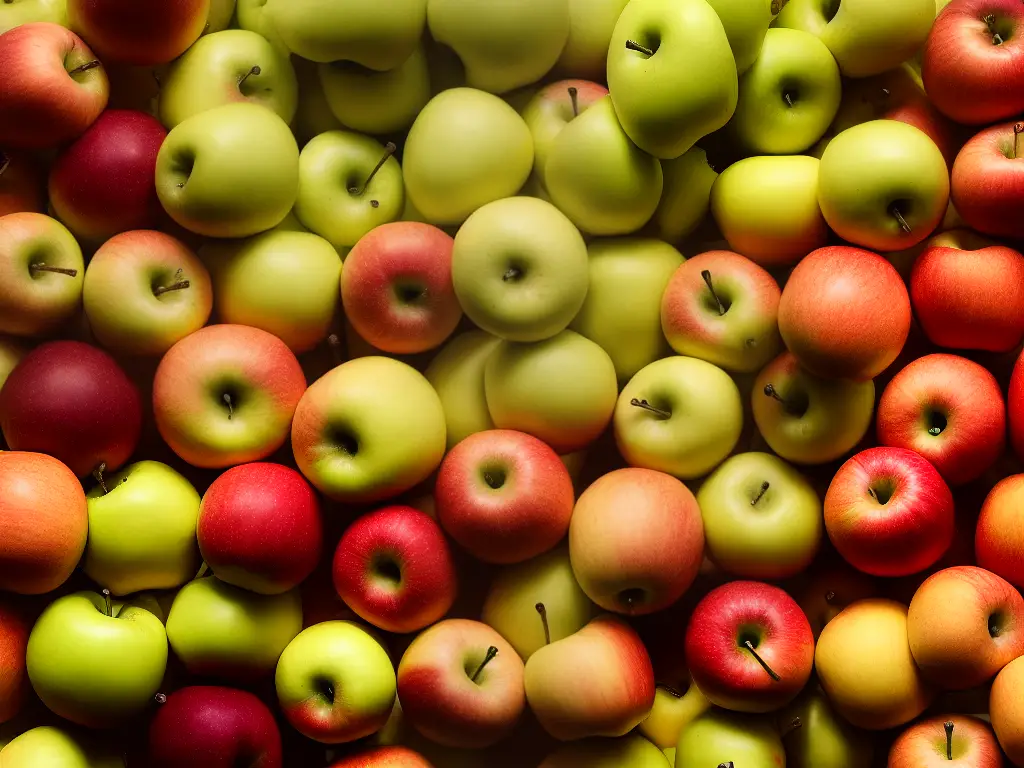 An image of different apple varieties cut into slices to show their difference in color, size, and texture