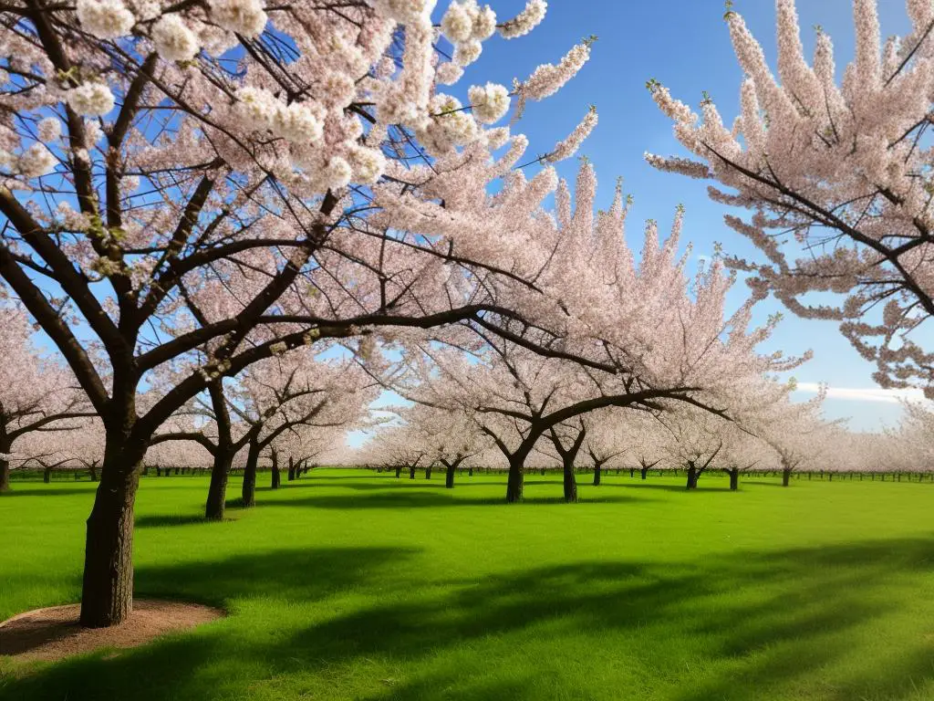 Image of apple trees in an orchard with blossoming flowers