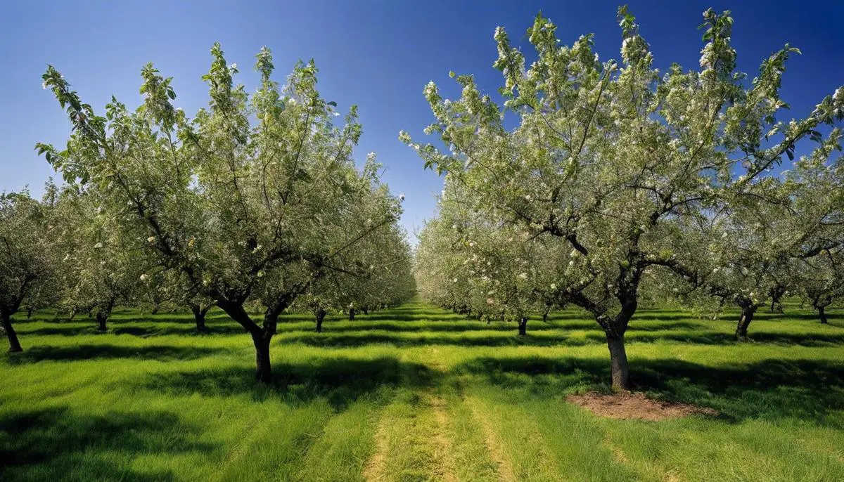 An image showing healthy apple trees in an Indiana orchard, demonstrating successful cultivation and contribution to biodiversity.