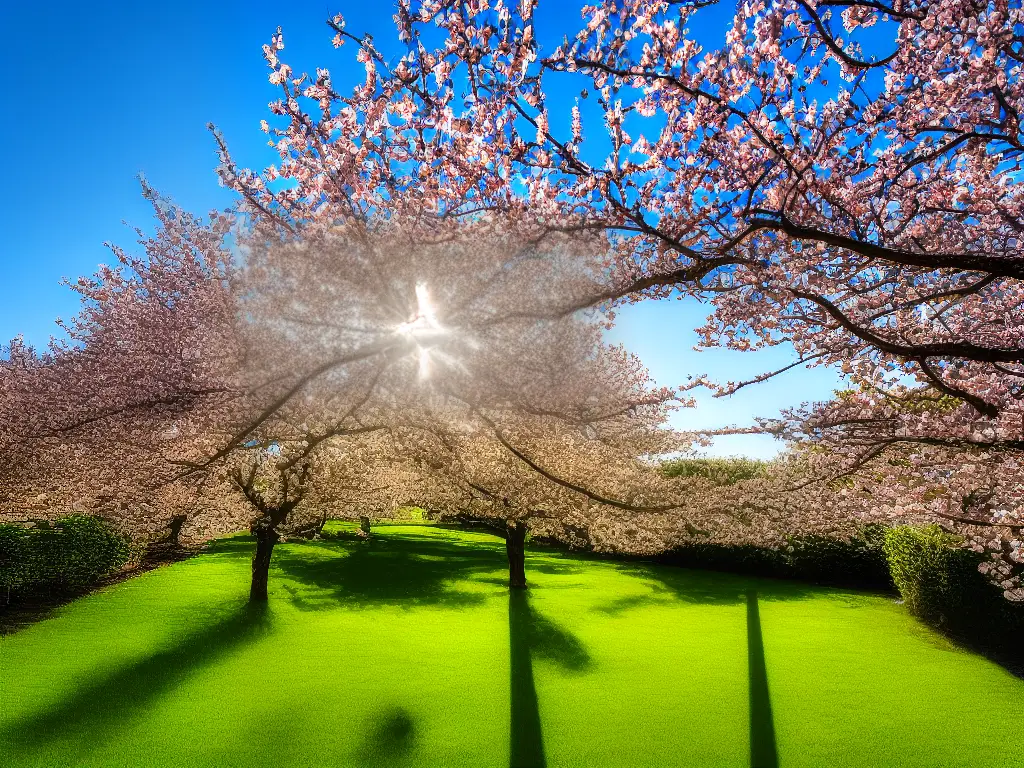 A picture of an apple tree in a garden with sunlight shining directly on it and no buildings or trees shading it.