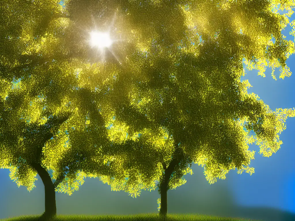 Illustration of an apple tree with branches and leaves, with sunlight rays shining down and a few clouds in the sky