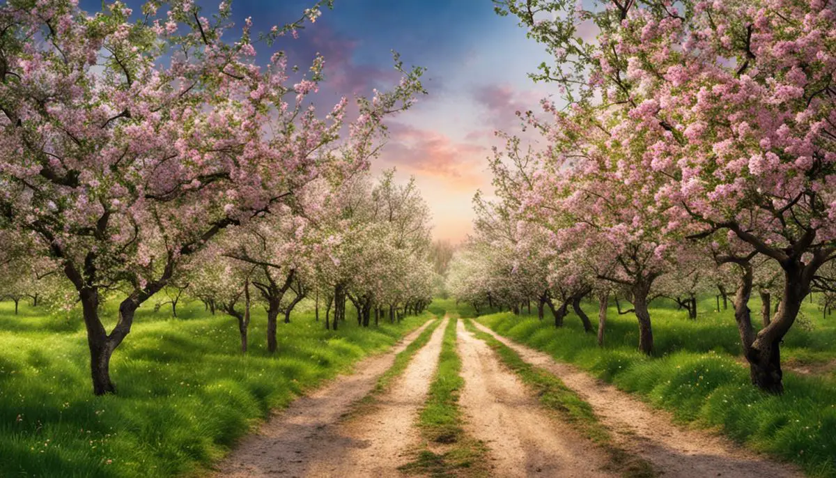 Image of blooming apple trees with dashes instead of spaces