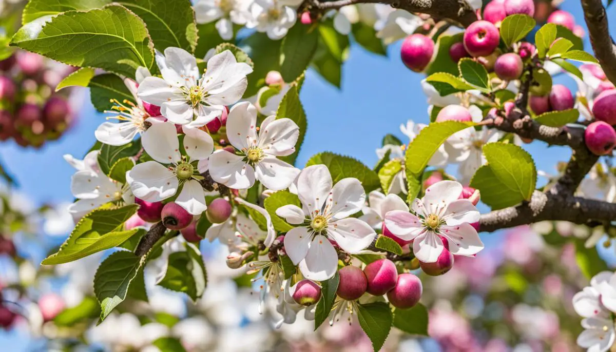 Different apple tree varieties with blossoms in a garden.