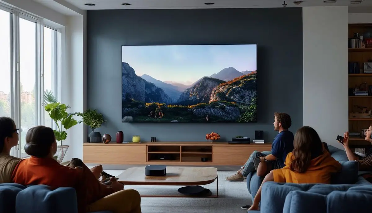 A living room setup with people enjoying Apple TV+ content on a large screen