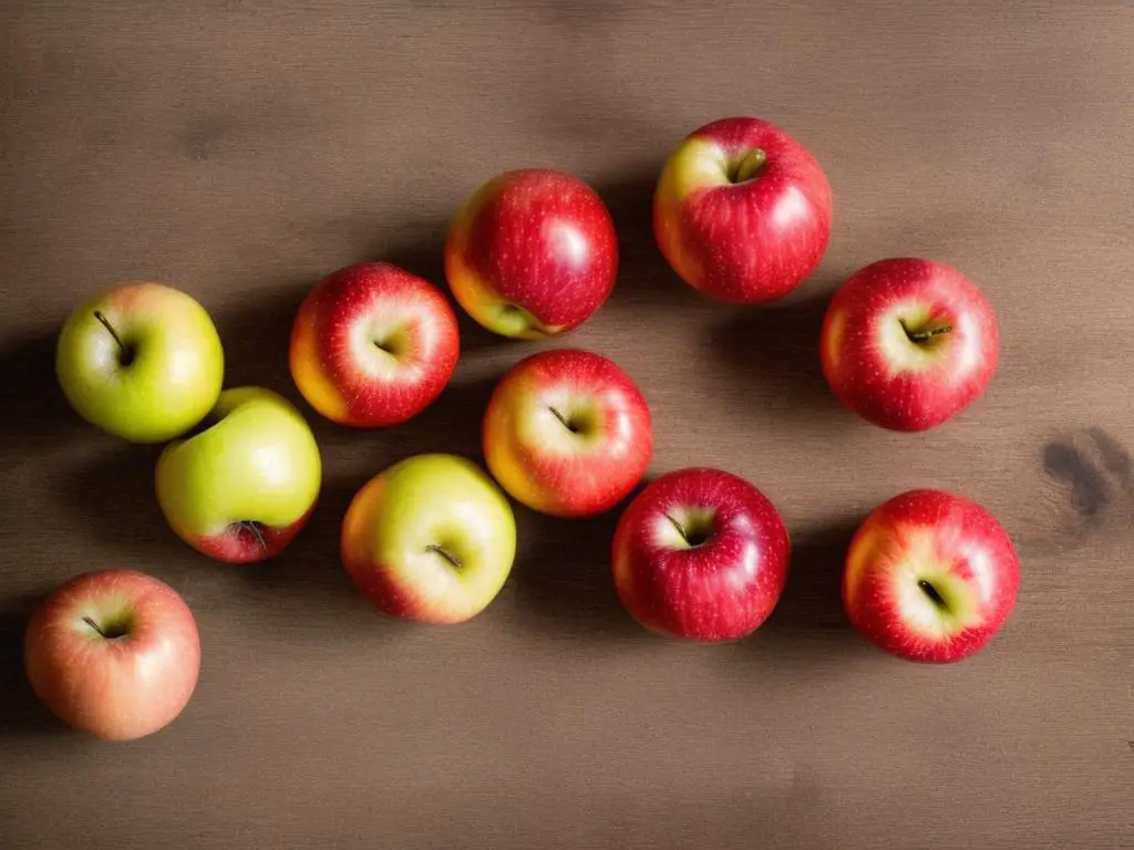 Two different types of apples, Honeycrisp and Crimson Crisp, side by side on a wooden surface