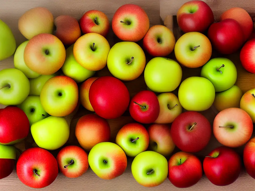 An illustration of different types of apples including Granny Smith, Honeycrisp, Golden Delicious, and Jonagold apples.