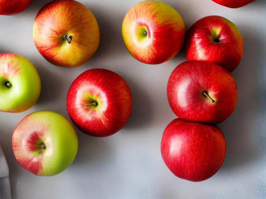 A photo showcasing a Crimson Crisp Apple and Honeycrisp Apple, side by side.