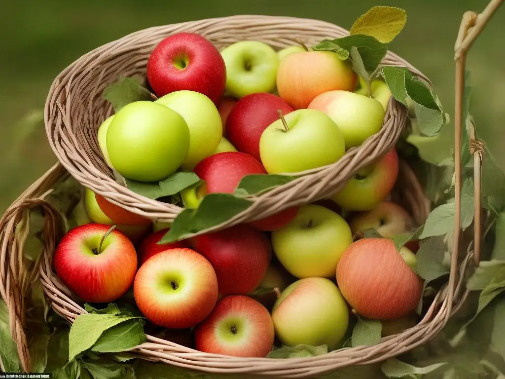 A basket of different varieties of apples, with leaves still attached, including Gala, Granny Smith and Red Delicious