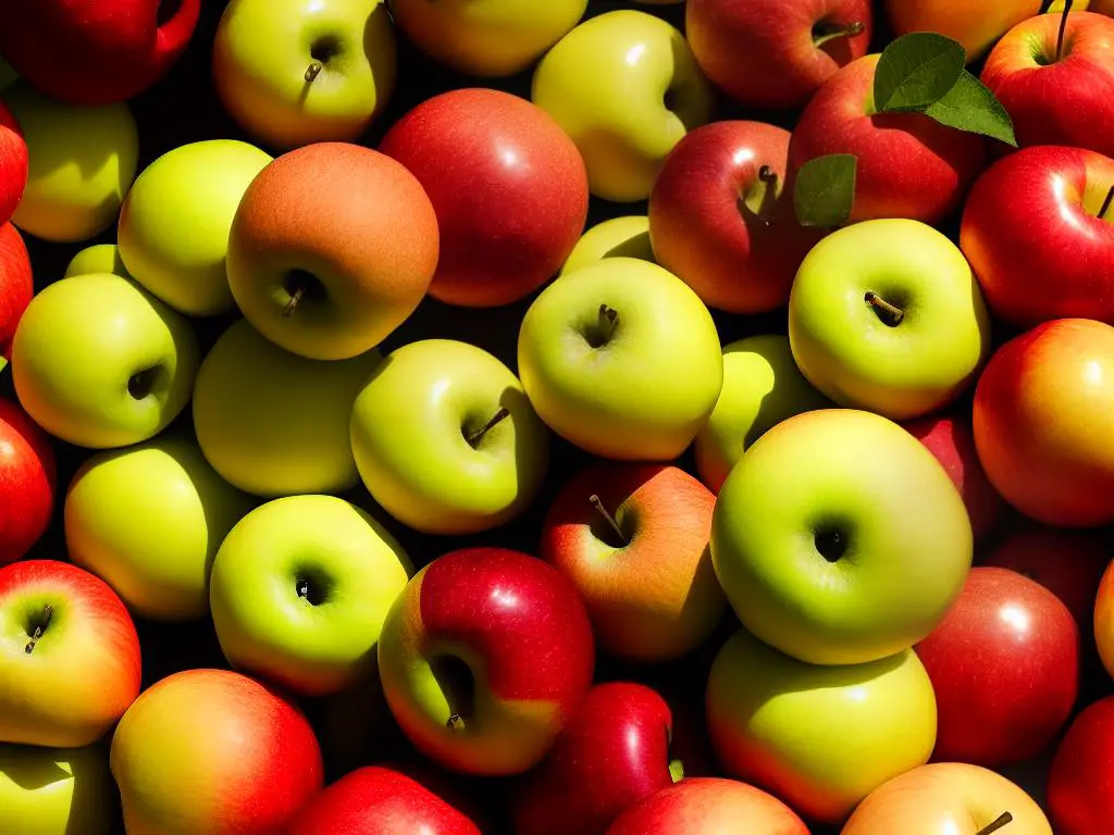 A close-up image of different varieties of apples, including Braeburn, Golden Delicious, Gala and Cripps Pink.