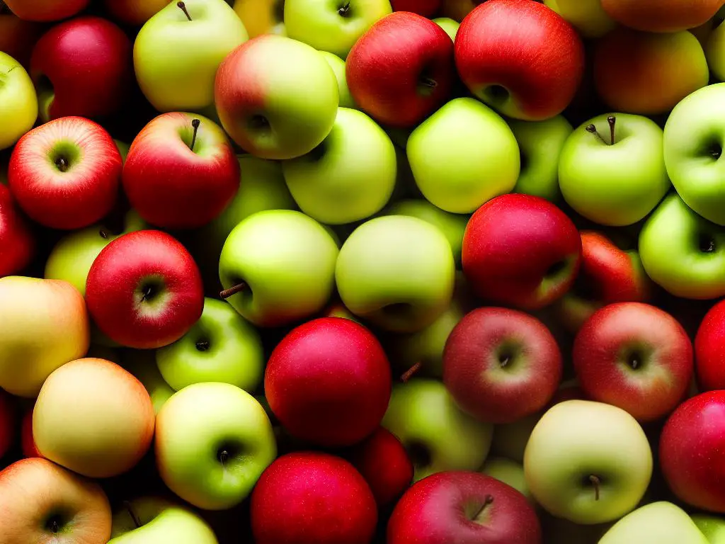 Several types of apples, including Fuji, Gala, Granny Smith, Golden Delicious, and Honeycrisp, with different colors and sizes.