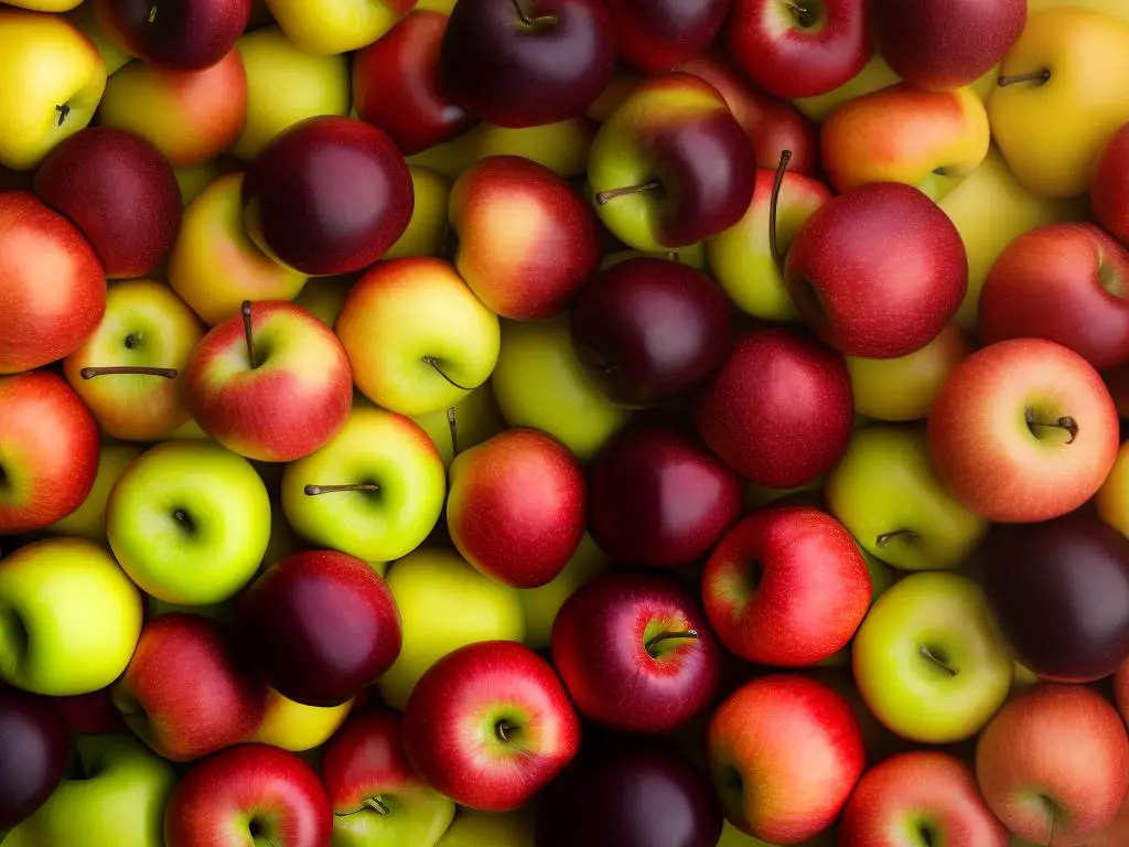 A selection of different colored apples in a wooden box, representing the diverse array of apple varieties to consider when apple picking.