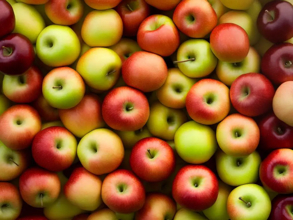 An image of different types of apples, including Granny Smith, Red Delicious, Golden Delicious, Fuji, Honeycrisp, Jonagold, and Braeburn apples.