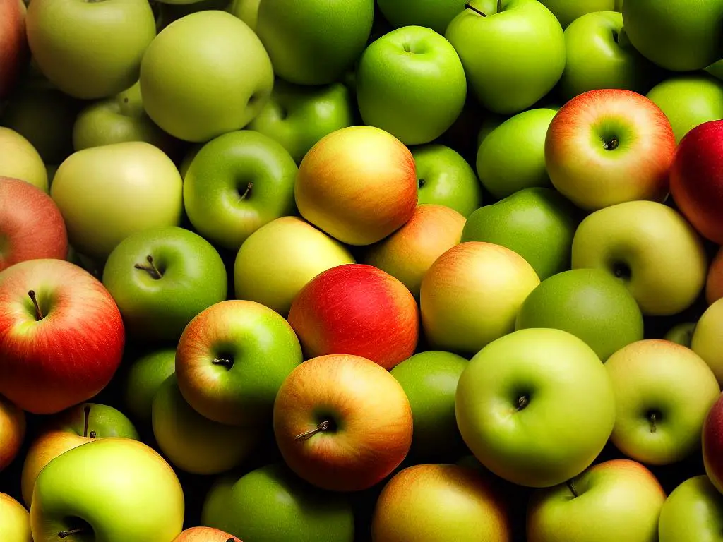 A collage of various apple varieties, including Granny Smith, Gala, Honeycrisp, Fuji, and Golden Delicious. Each apple has a distinct color and shape, and the image showcases their diversity.