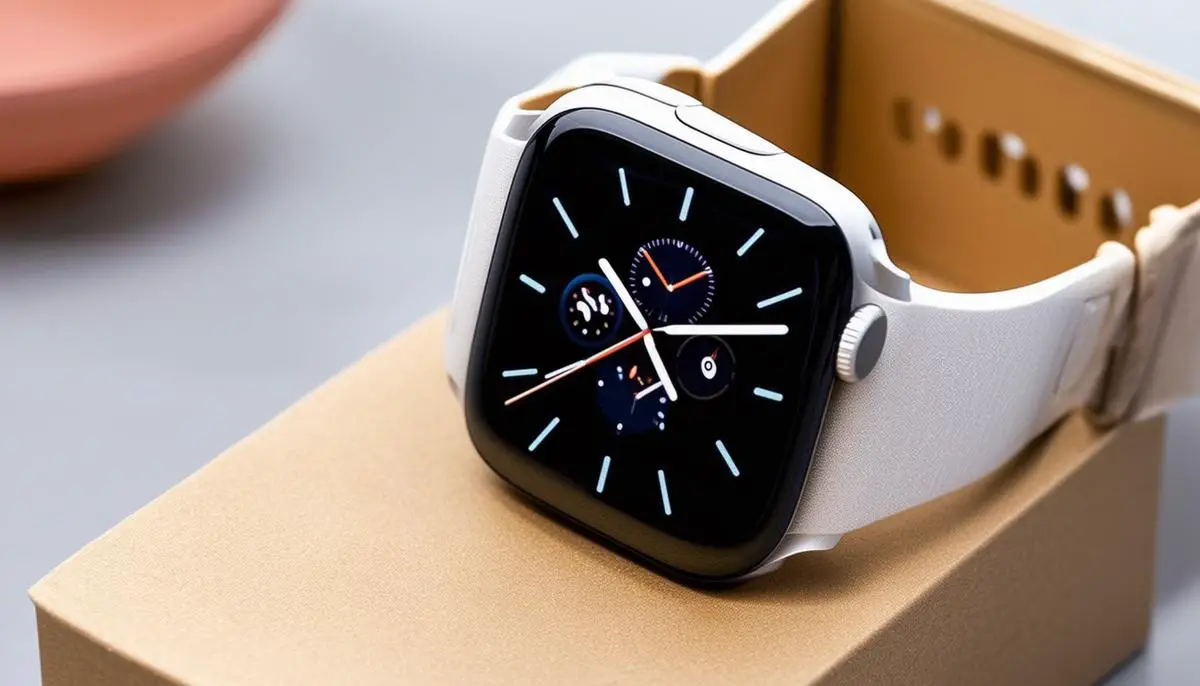 The eco-friendly, fiber-based packaging of the Apple Watch Series 9, showcasing its compact and sleek design