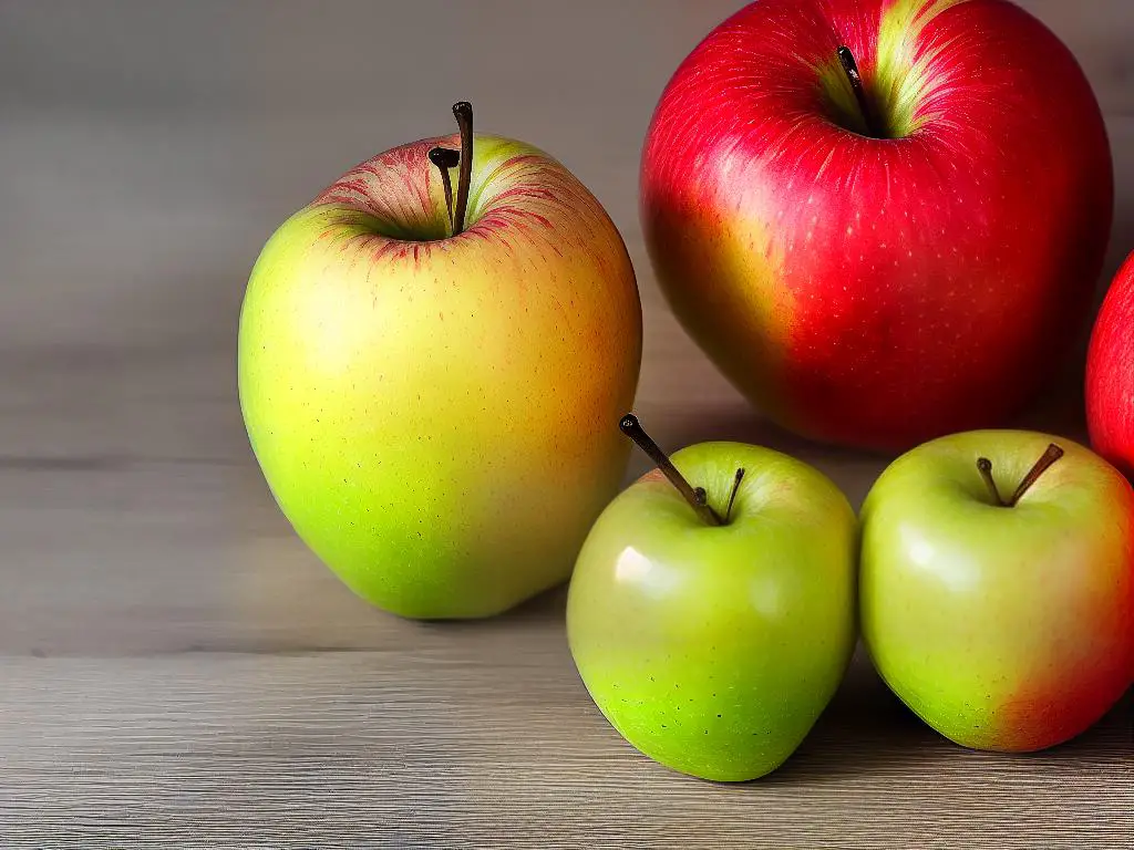 The image shows an apple cut in half showing its flesh and skin. Smaller apples have more skin and less flesh, while larger apples have less skin and more flesh.