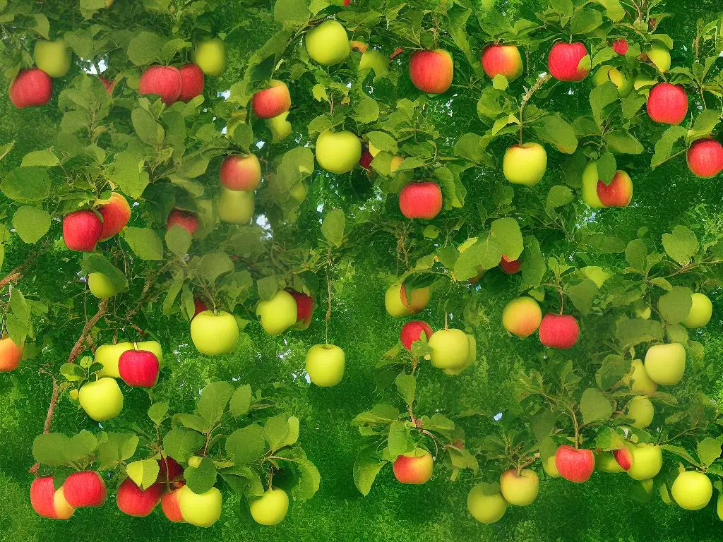 Illustration of a tree with apples of different sizes hanging from its branches, with a magnifying glass showing the different factors that influence weight such as genetics, cultivation methods, environmental conditions, pests and diseases, and harvest timing.