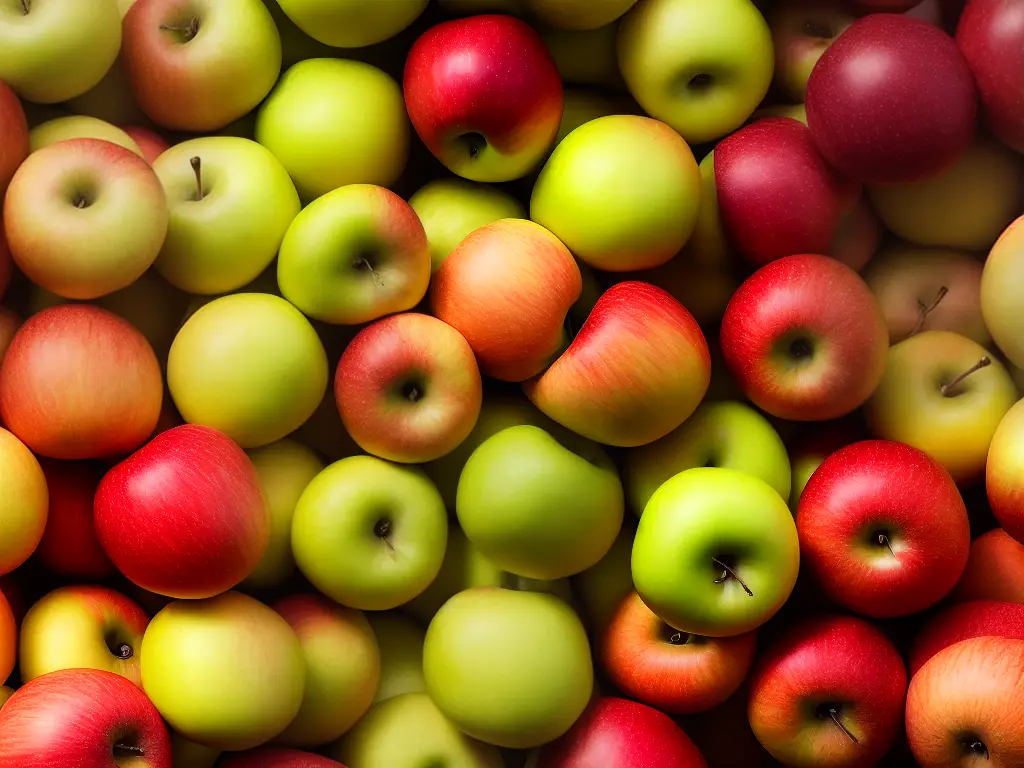 A photo of a colorful variety of apples, ranging from bright green, deep red, pink, yellow, and orange hues