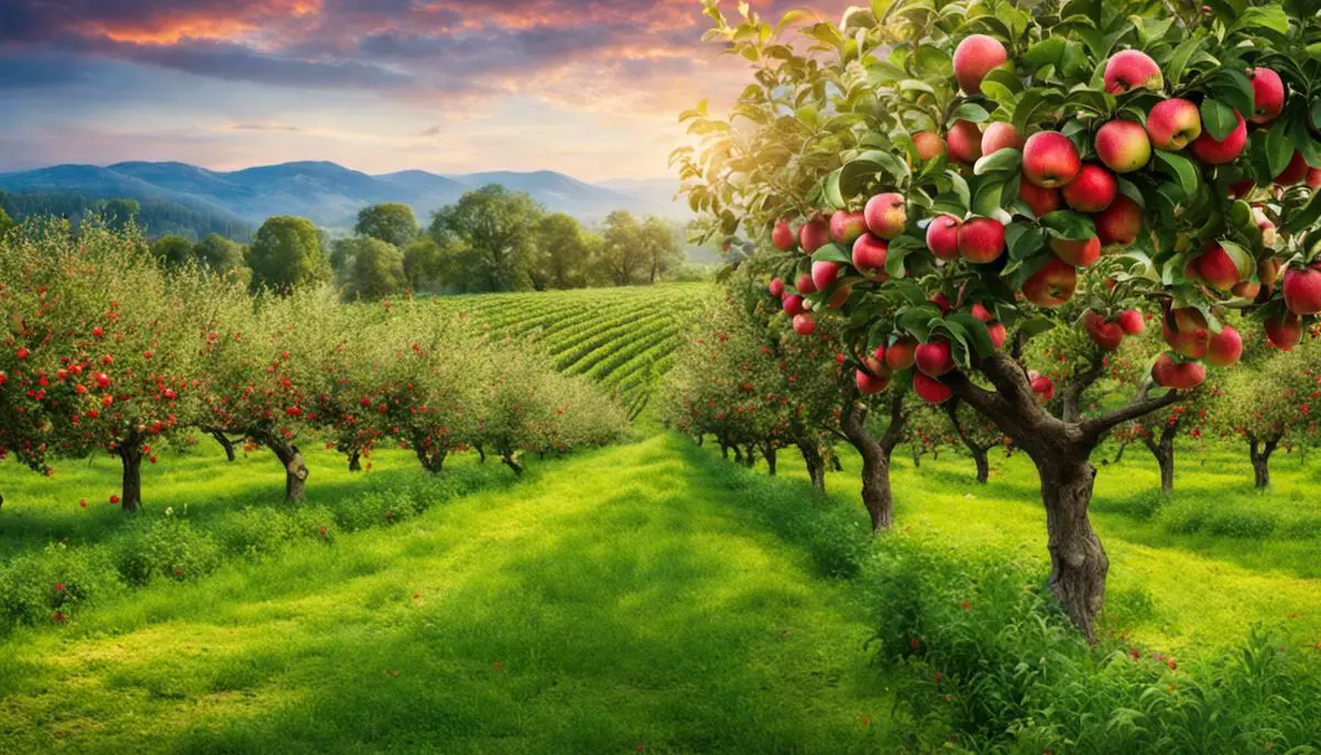 Image depicting a lush apple orchard with ripe and juicy apples hanging from the trees.