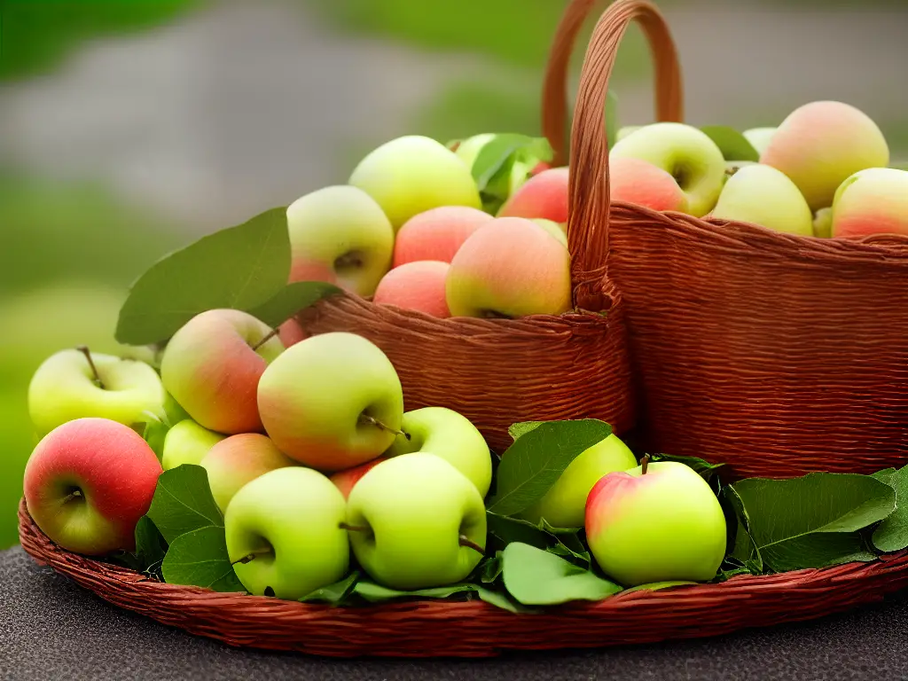 A basket of freshly picked apples with leaves and twigs still attached