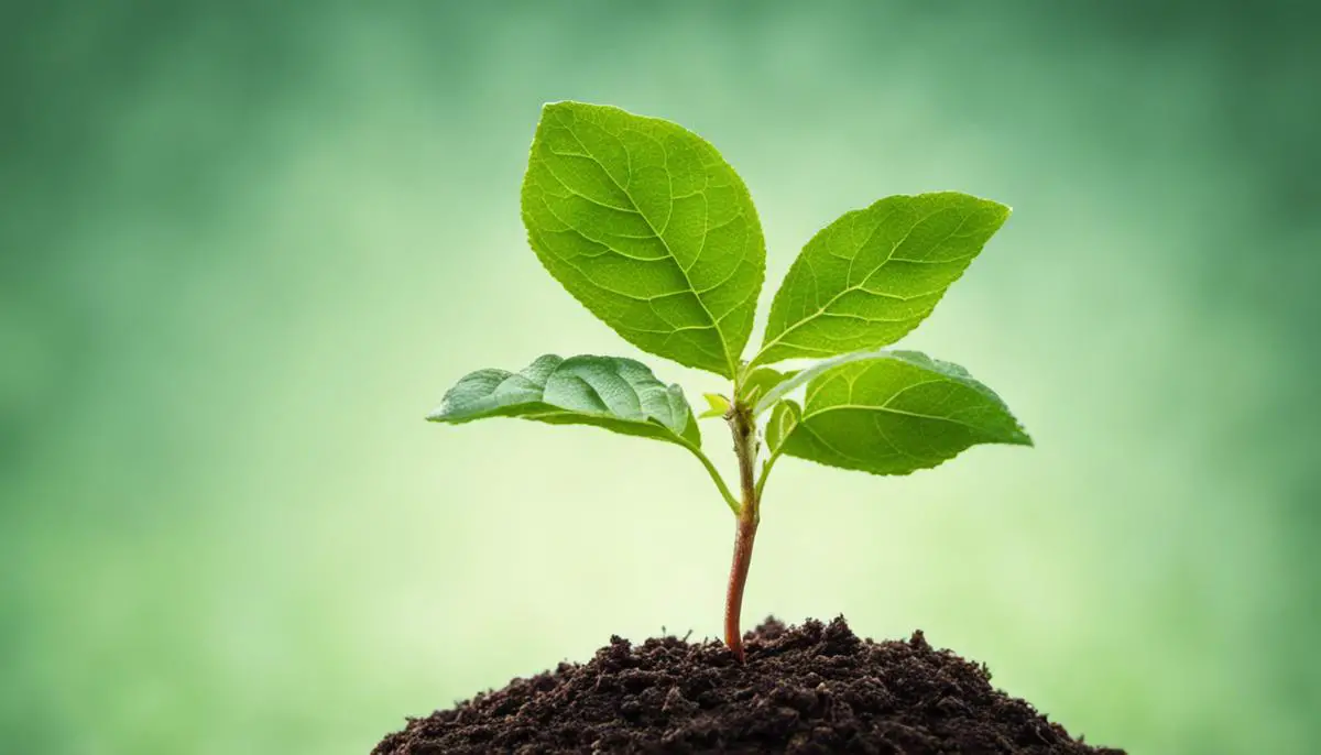 Image of a healthy apple seedling with lush green leaves and a small apple forming on one of the branches