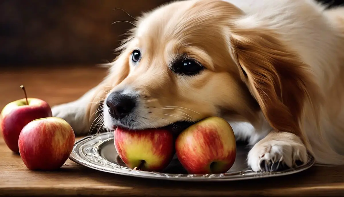 A picture of a dog happily eating an apple as a treat