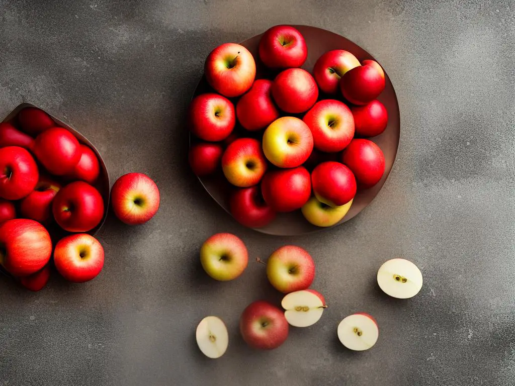 A picture of apples with a small amount of caffeine circled in red to emphasize that apples have a minimal caffeine content.