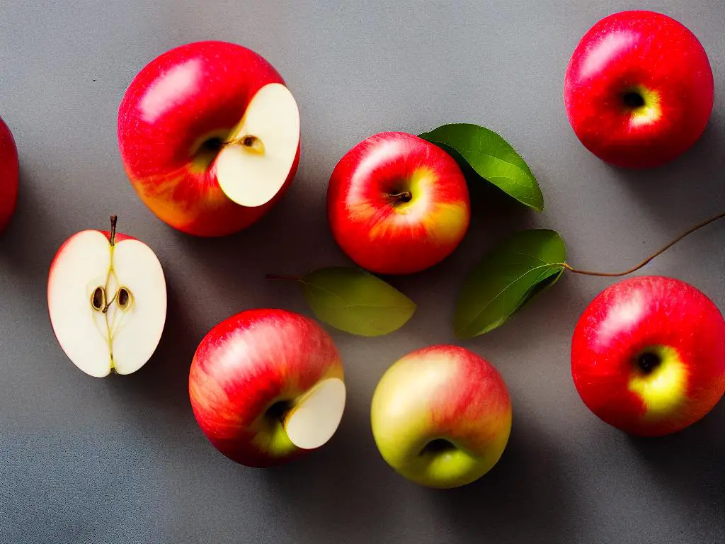 Image of two apples next to each other, one is Honeycrisp and the other is Crimson Crisp.