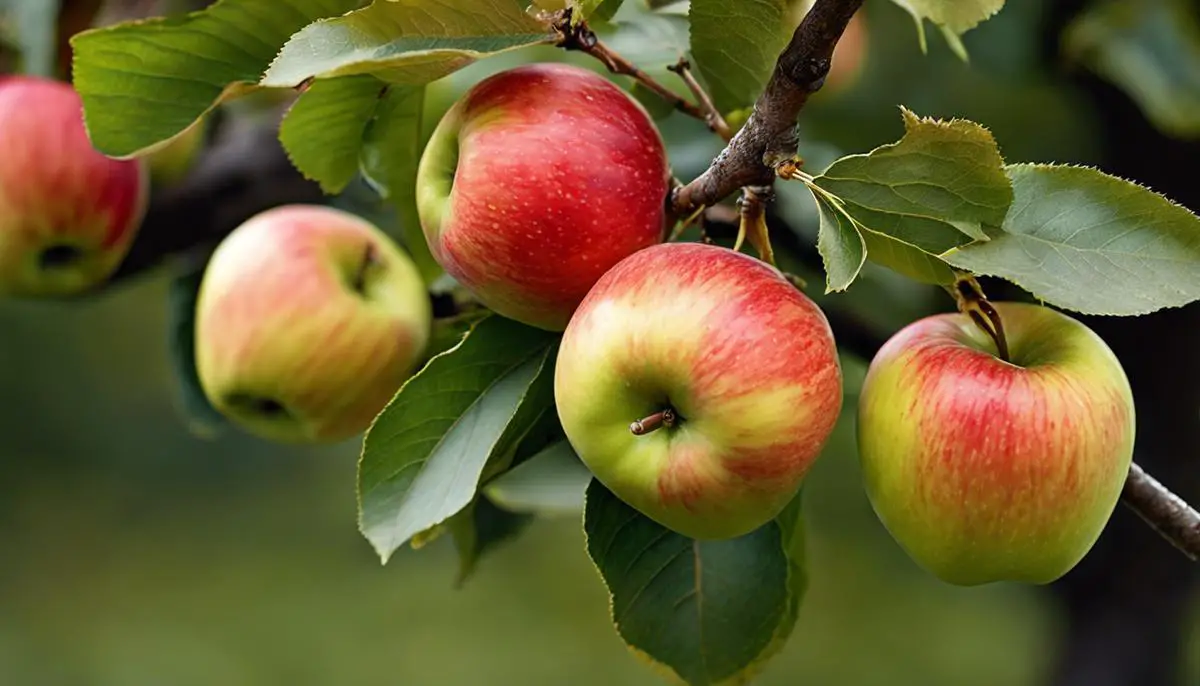 A close-up image of ripe apples hanging on a tree branch.