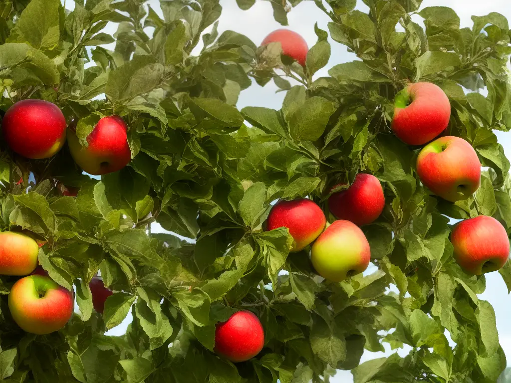 An image of red and green apples hanging from a tree with harvesting tools laying on the ground.