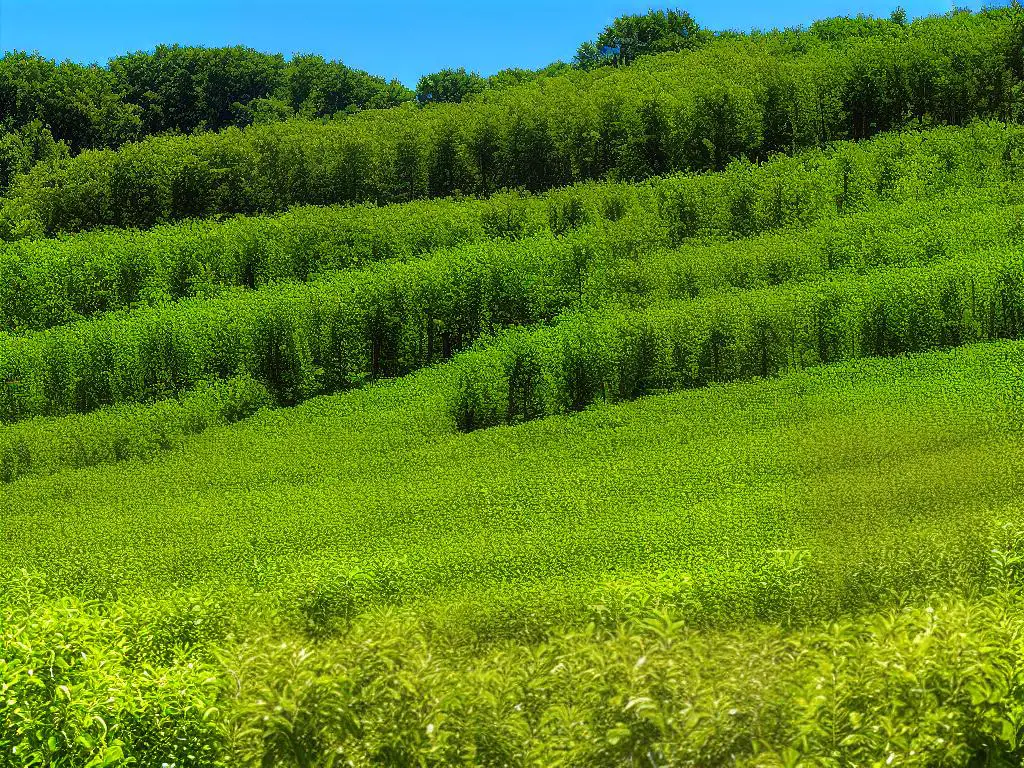 A beautiful green apple orchard with rows of apple trees, under a blue sky, in West Virginia, USA