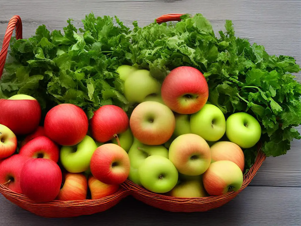 A basket full of apples, some green and some red, overflowing to the brim.
