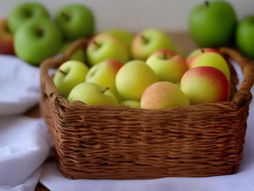 A basket of freshly picked apples in a wooden crate, with several smaller apples strewn next to it on a white counter-top