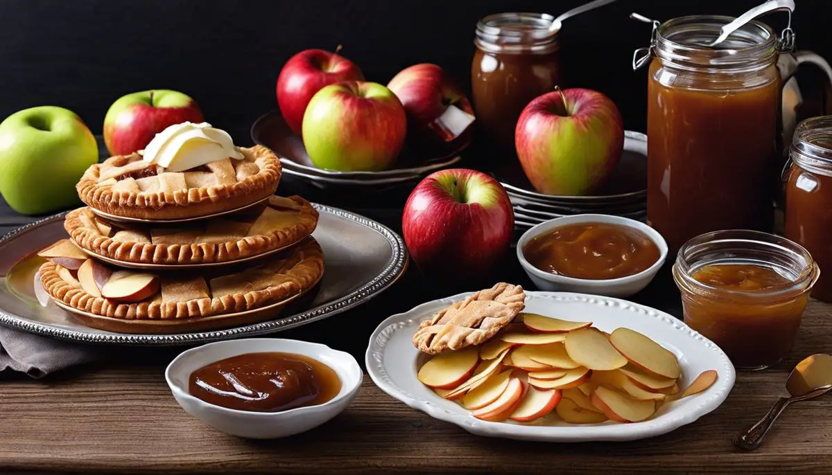Various apple treats arranged on a table, including applesauce, apple butter, apple pie, apple chips, and apple cider.