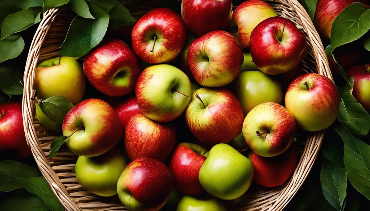 A close-up image of various red, green, and yellow apples, arranged in a basket with fresh green leaves.