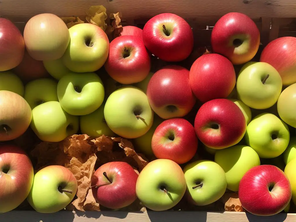 A variety of apples shown in a crate, with labels showing Honeycrisp, McIntosh, Empire, Gala, and Cortland varieties.
