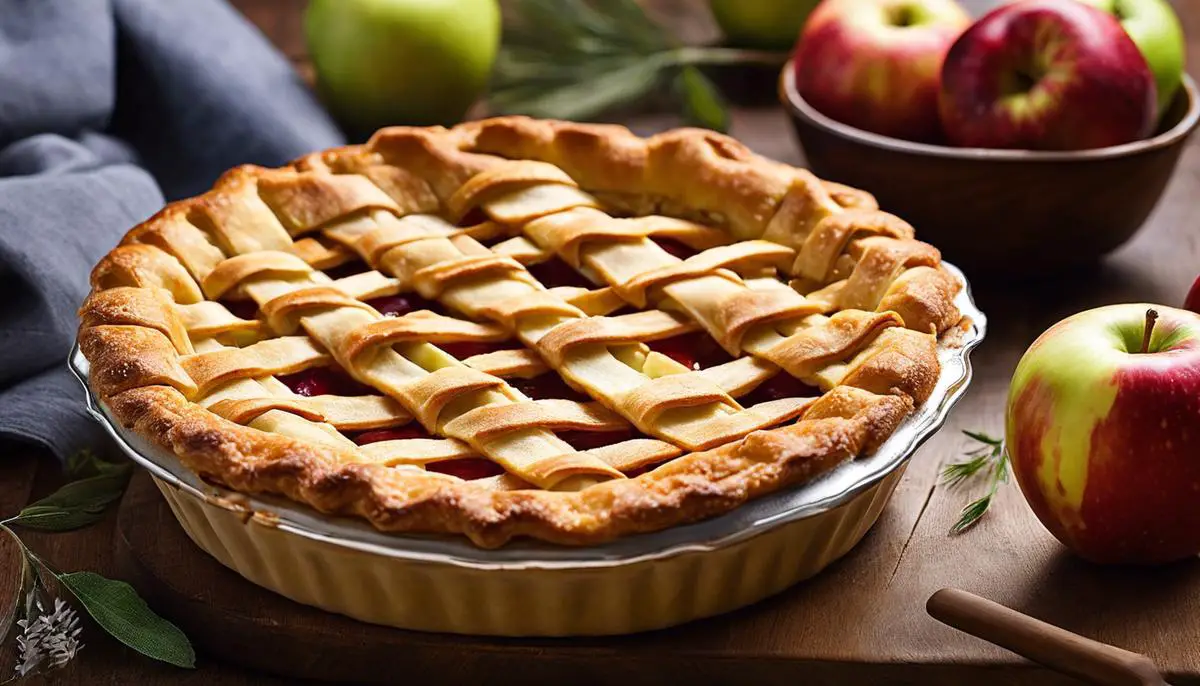 Image of a deliciously baked apple pie, golden crust with a lattice-top, served in a pie dish, evoking nostalgia and representing the American spirit.